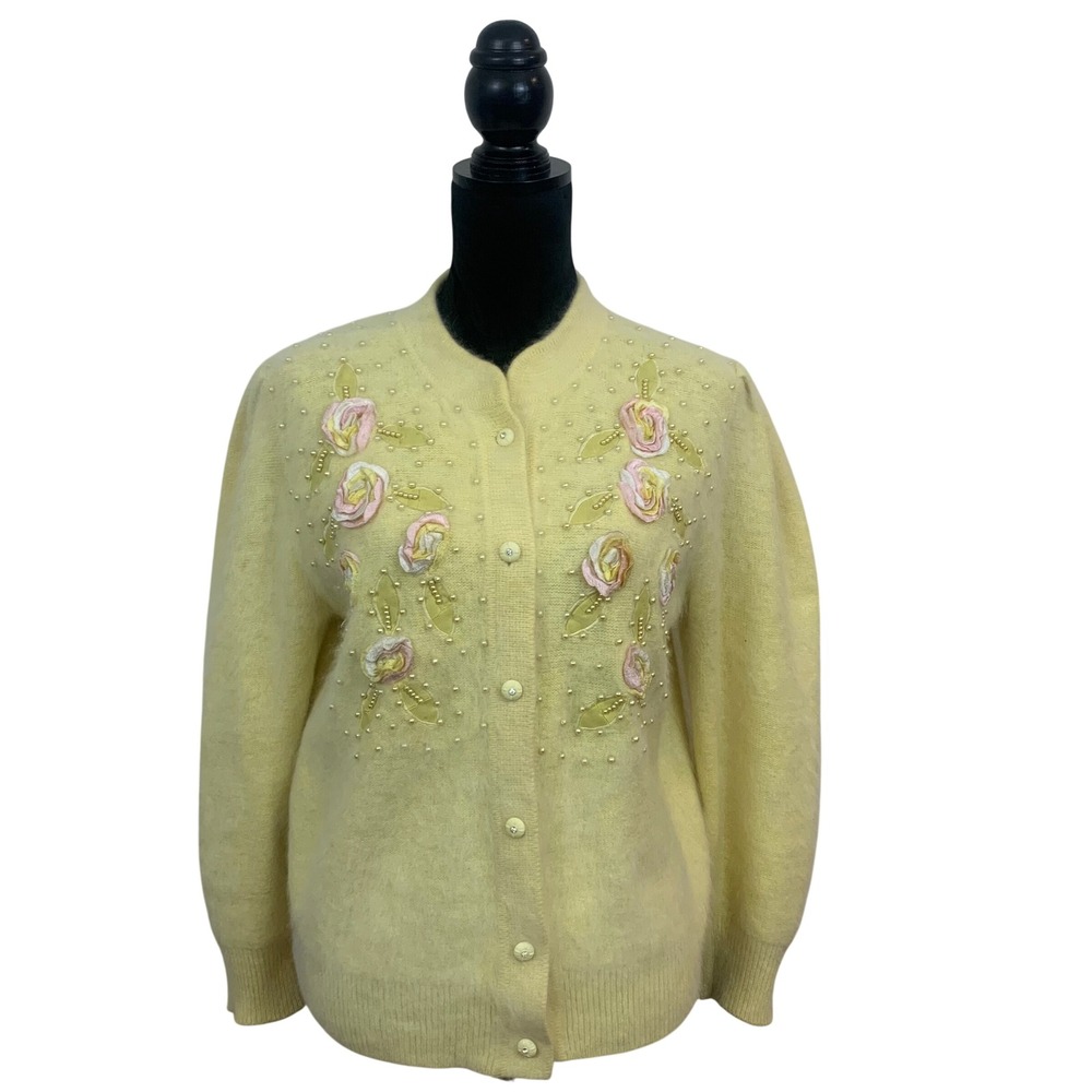 Vigor Vintage Angora Blend Cardigan Yellow Floral Ribbon Rose Pearl Beaded XL